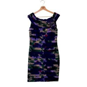 Adrianna Papell Shutter Pleated Sheath Dress with Flowers in Purple Floral SZ 14